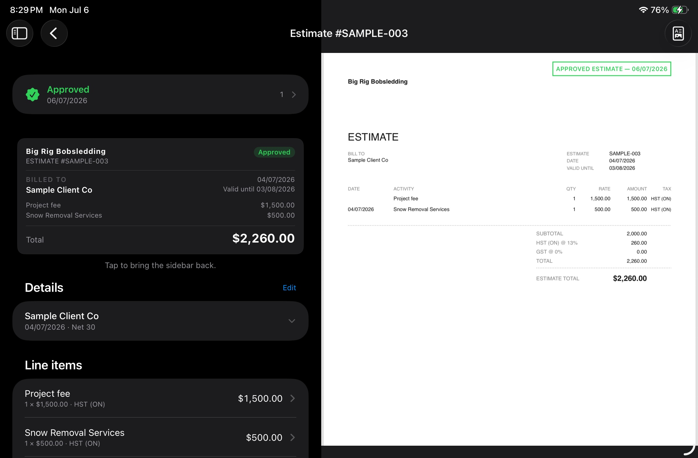 QuoteProof invoice editing screen beside an approved PDF invoice preview.