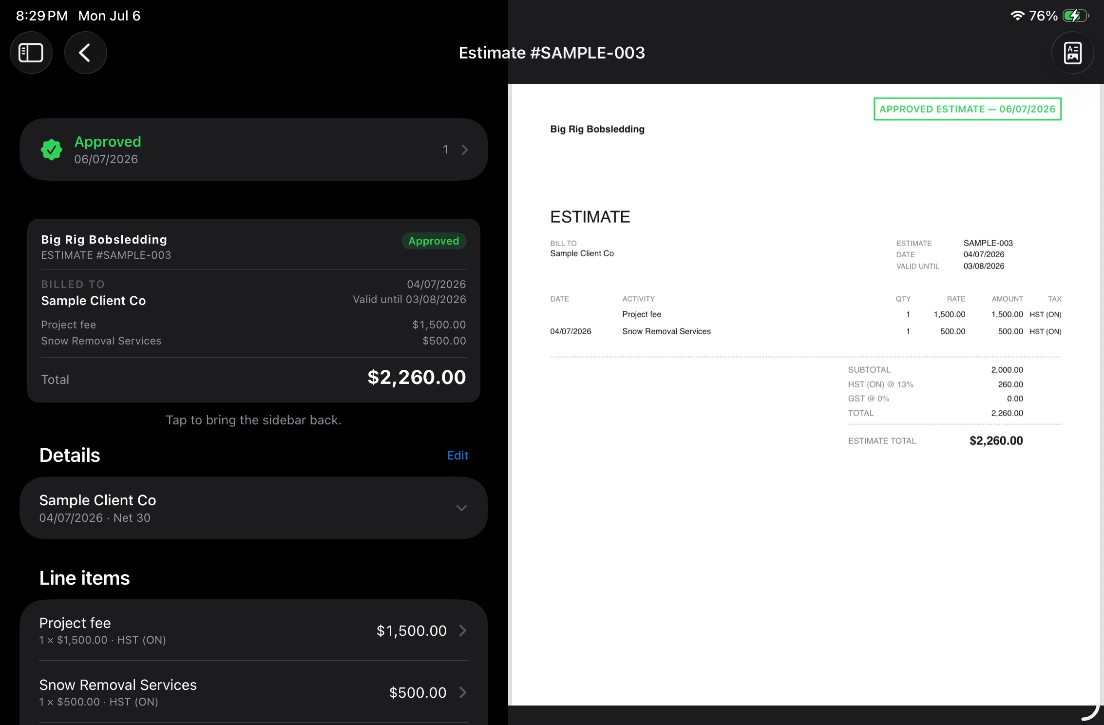 QuoteProof approved estimate shown beside a PDF preview.
