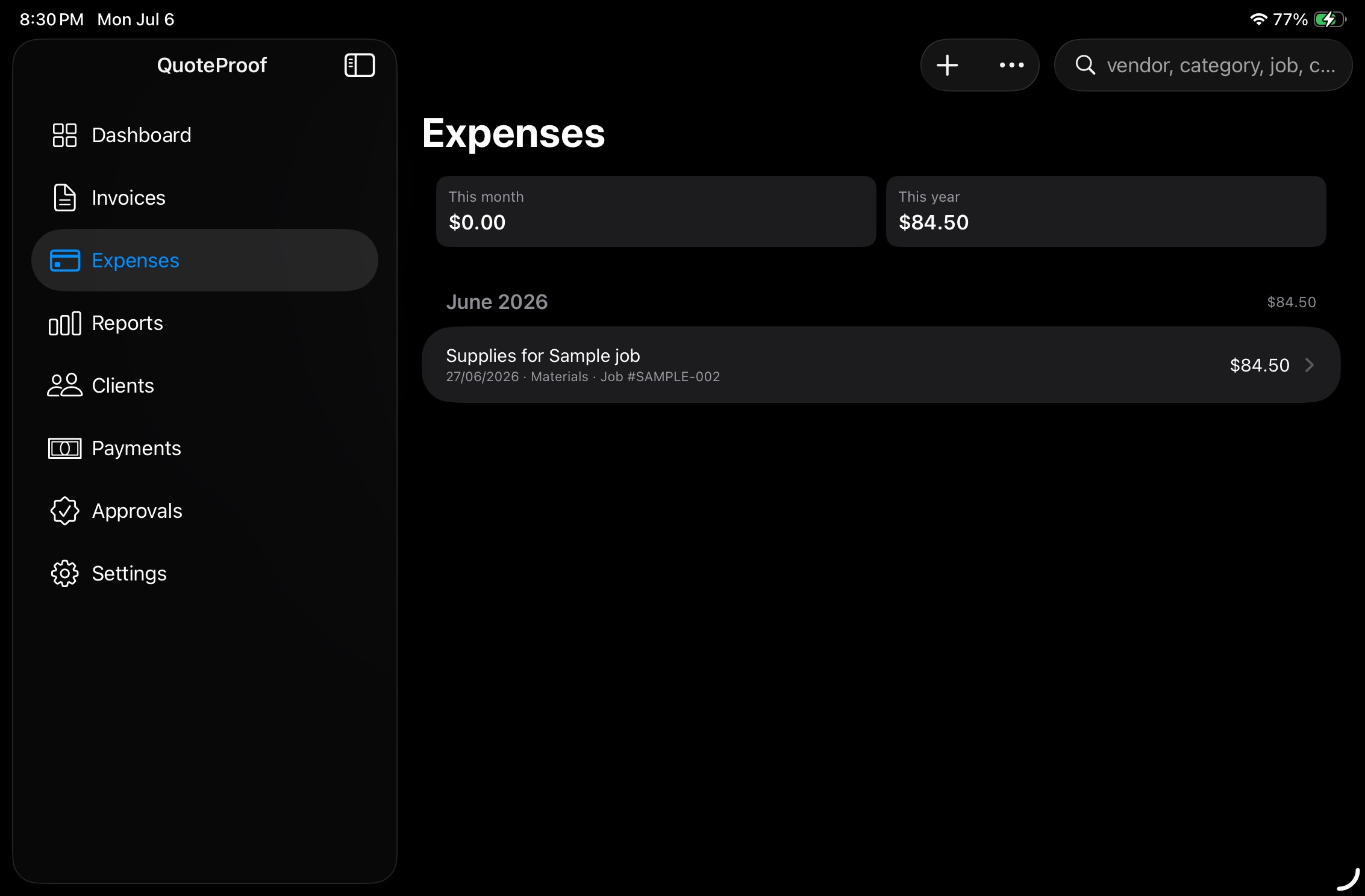 QuoteProof expenses screen showing job costs and totals.