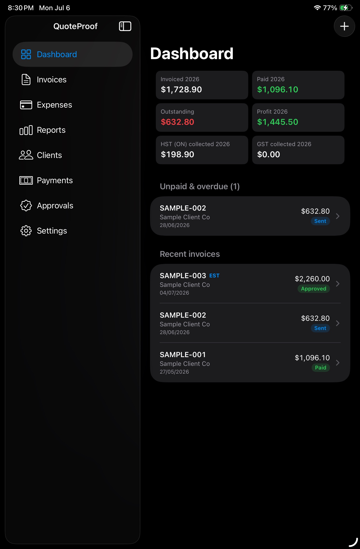 QuoteProof iPad dashboard showing invoice totals and recent invoices.