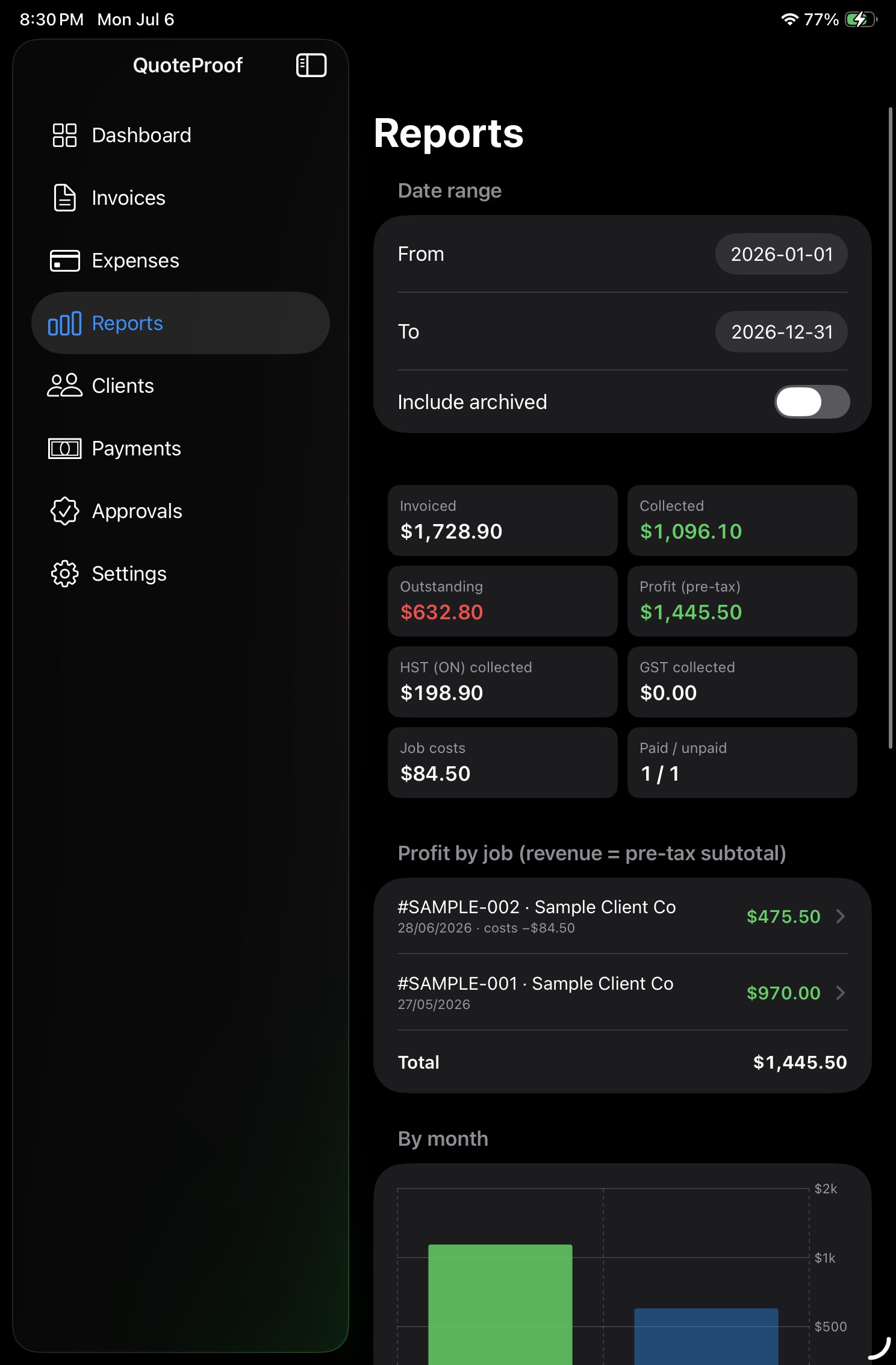 QuoteProof iPad reports page with financial summaries and charts.