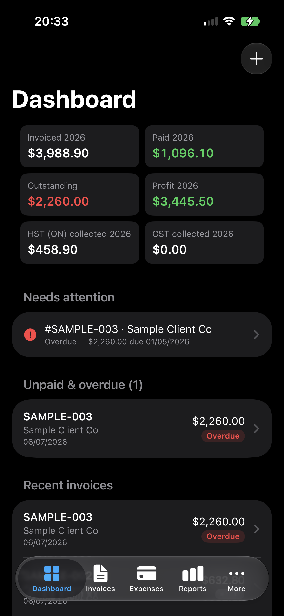 QuoteProof mobile dashboard with overdue invoice status.