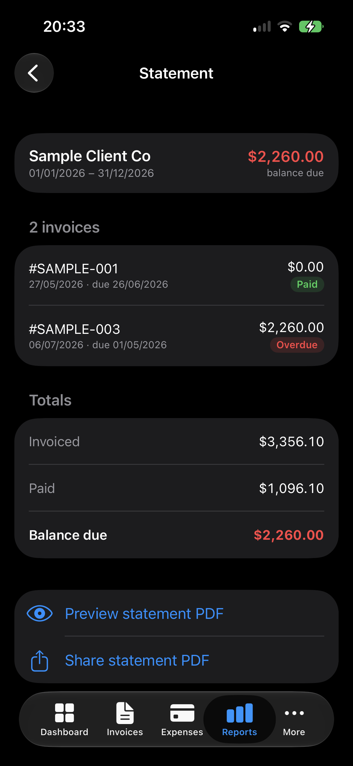 QuoteProof iPhone statement page showing balance due and statement actions.