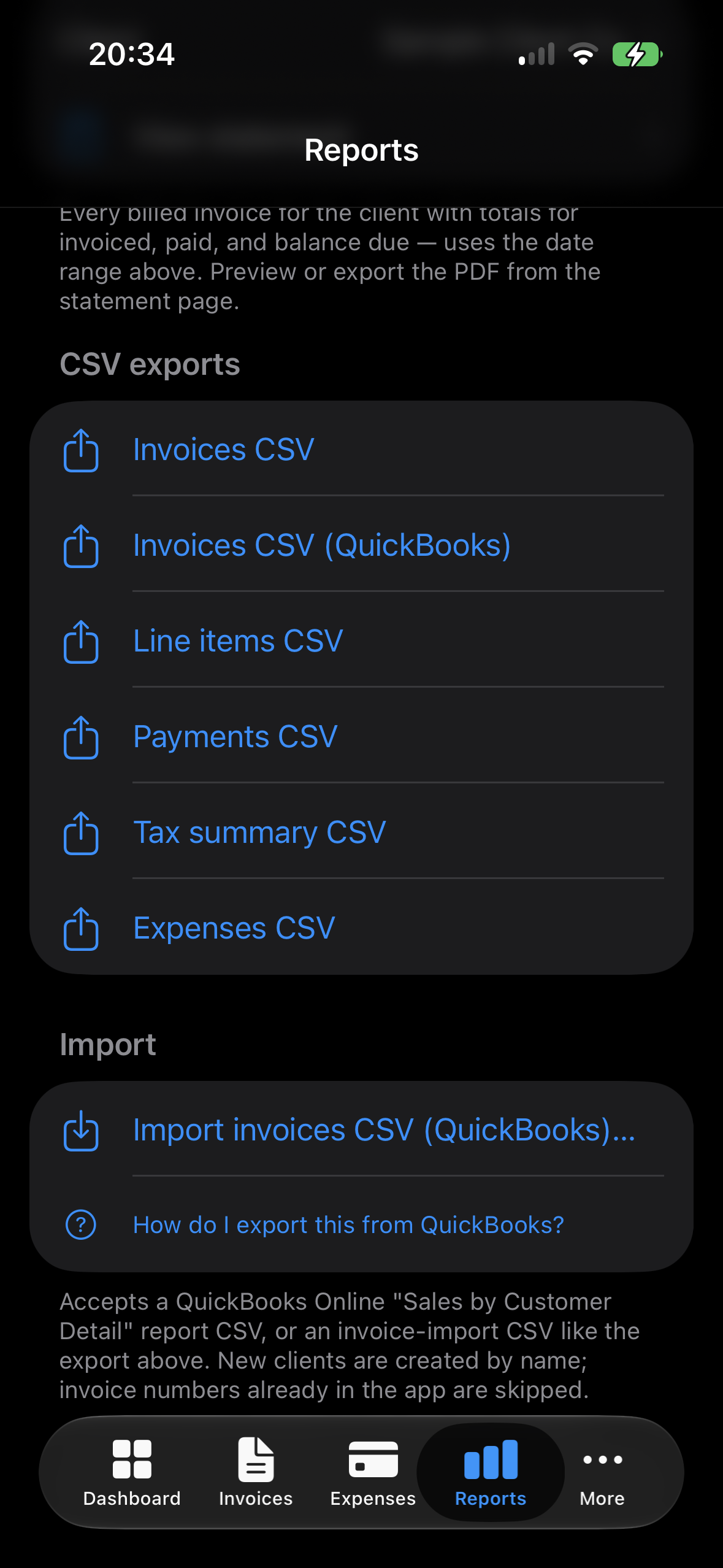 QuoteProof iPhone reports page with CSV export and import options.